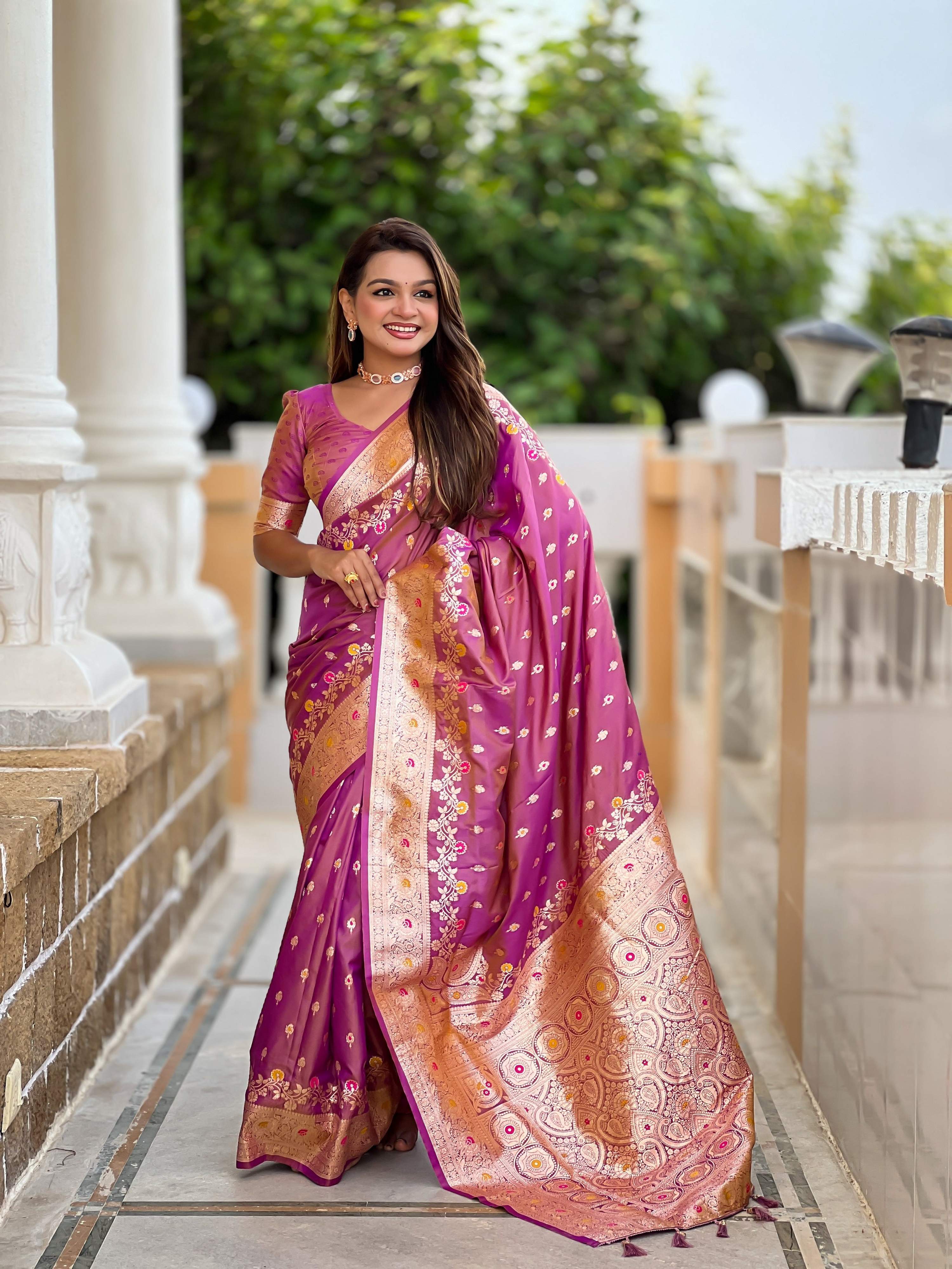 Vedant Vastram Soft Litchi Silk Banarasi Silk Jacquard Saree - Purple - Dista
