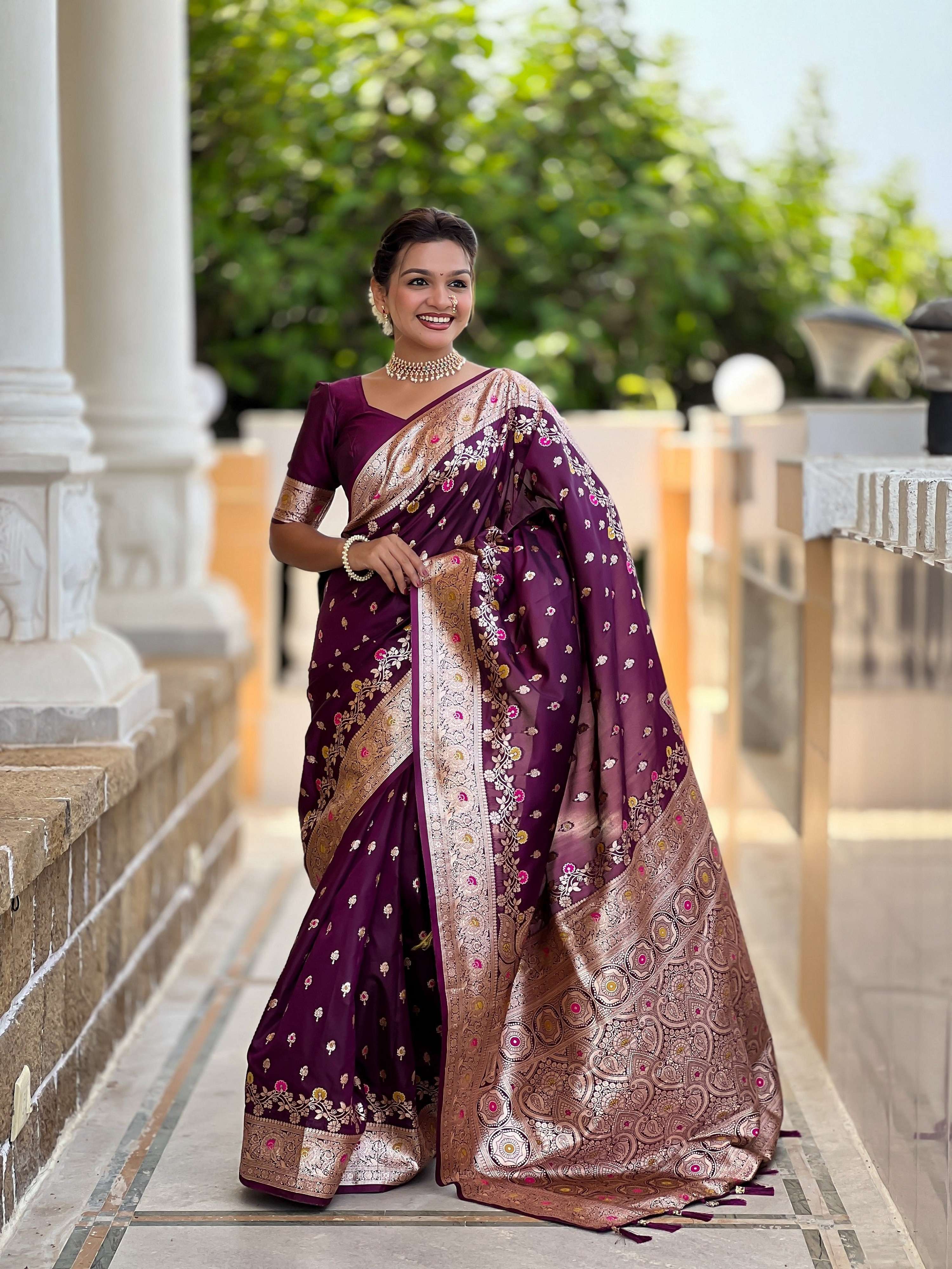 Vedant Vastram Soft Litchi Silk Banarasi Silk Jacquard Saree - Wine - Dista