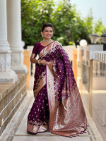 Thumbnail for Vedant Vastram Soft Litchi Silk Banarasi Silk Jacquard Saree - Wine - Dista