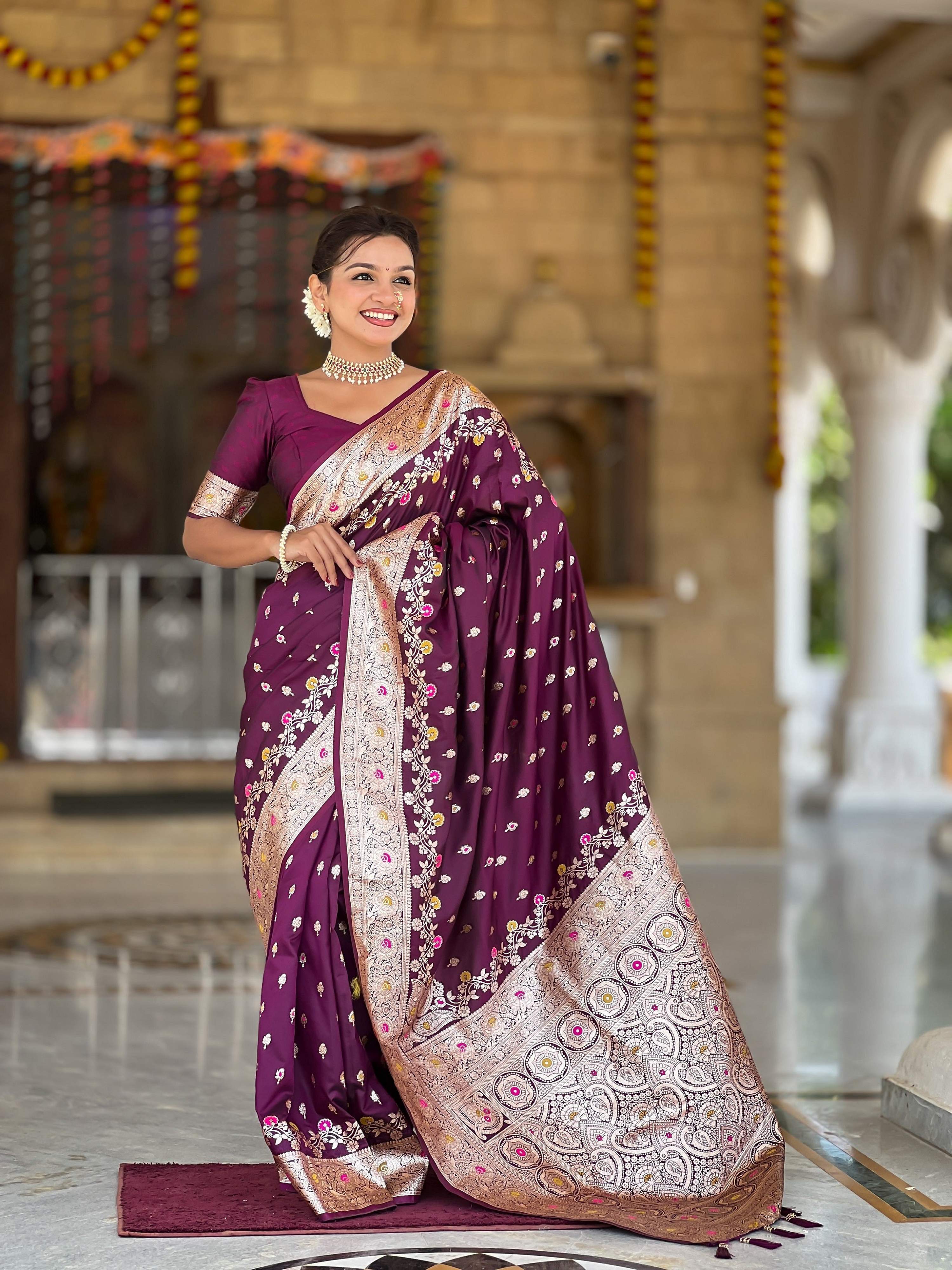 Vedant Vastram Soft Litchi Silk Banarasi Silk Jacquard Saree - Wine - Dista