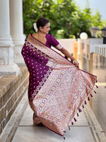Thumbnail for Vedant Vastram Soft Litchi Silk Banarasi Silk Jacquard Saree - Wine - Dista