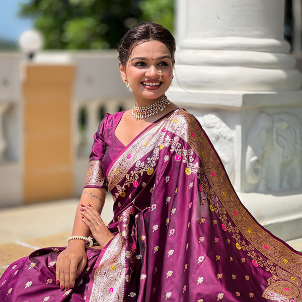 Vedant Vastram Soft Litchi Silk Banarasi Silk Jacquard Saree - Wine - Dista