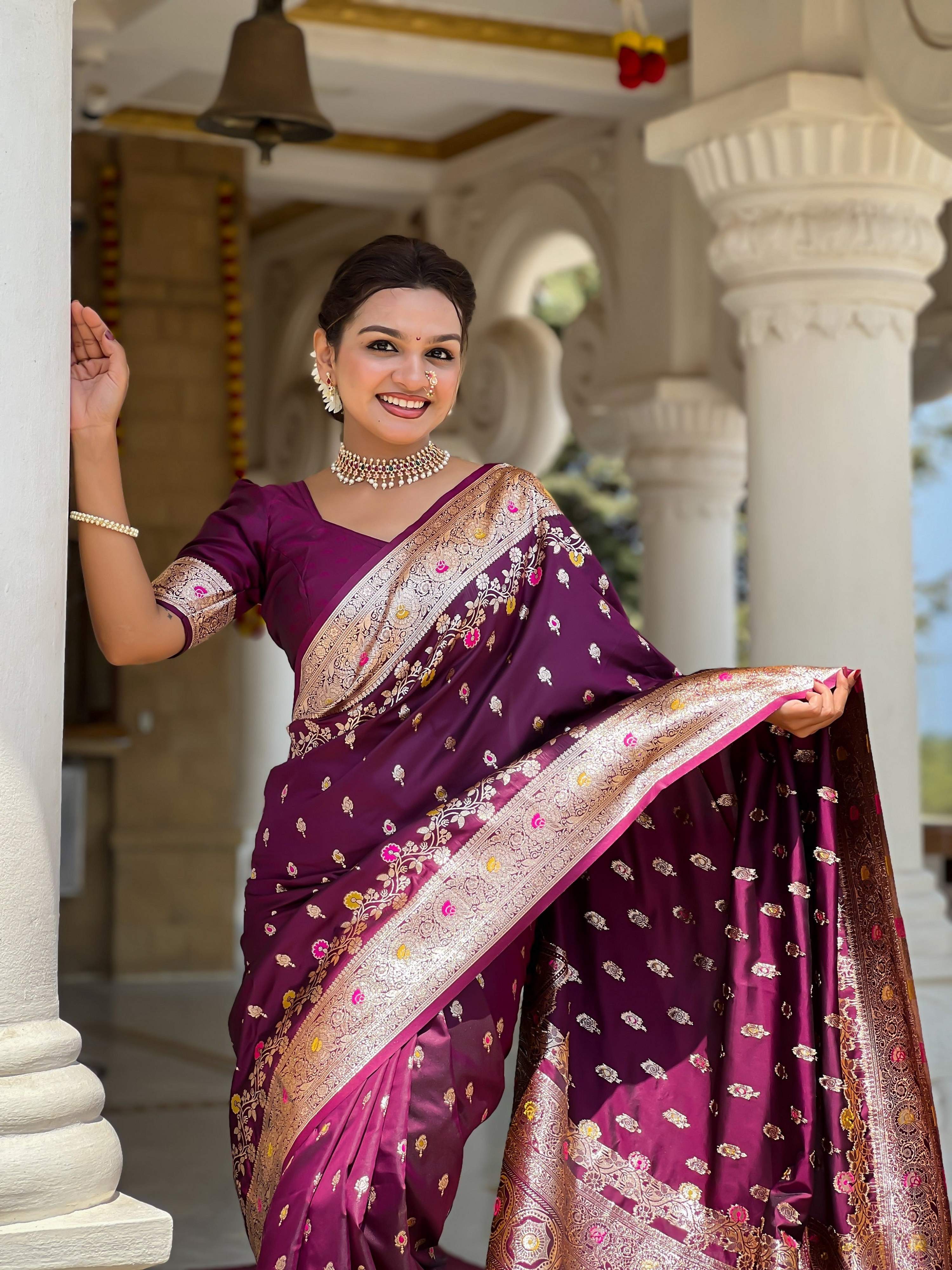 Vedant Vastram Soft Litchi Silk Banarasi Silk Jacquard Saree - Wine - Dista