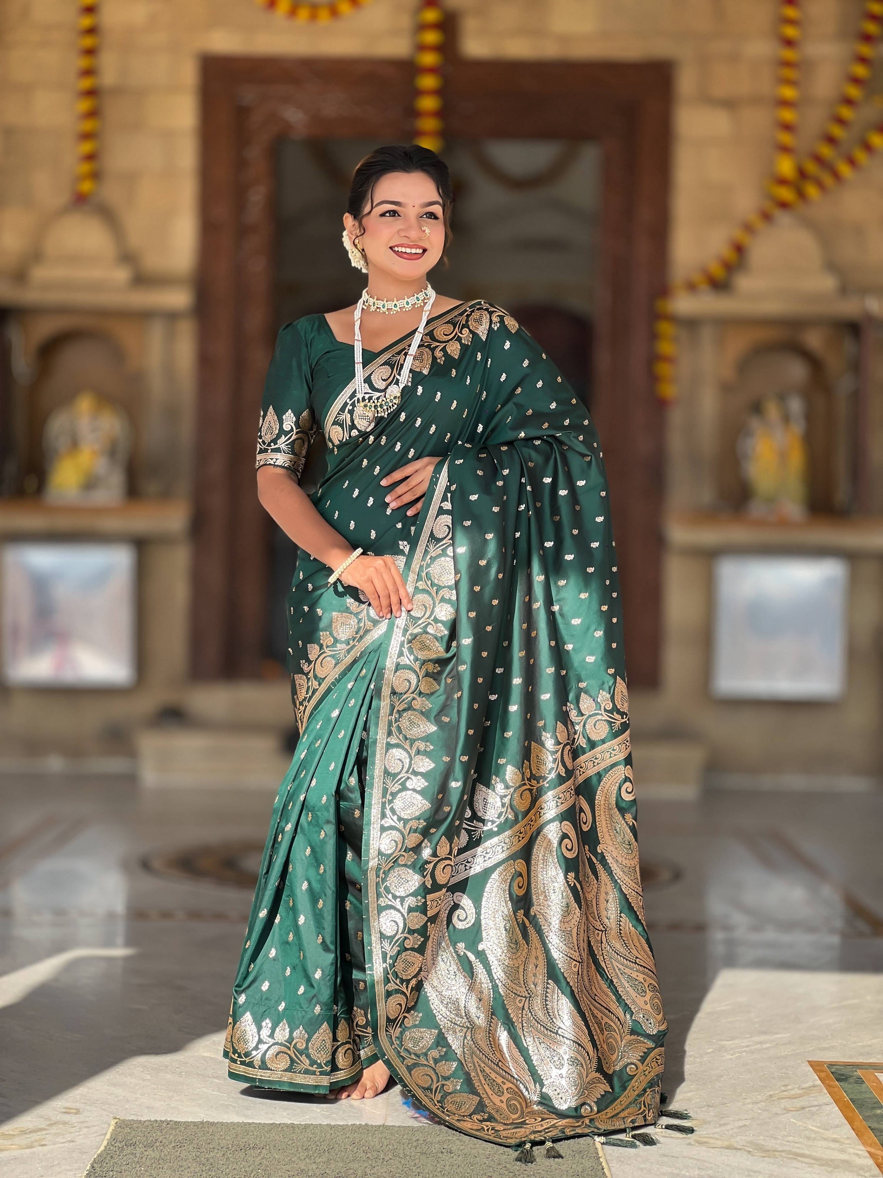 Vedant Vastram Soft Litchi Silk Banarasi Silk Jacquard Saree - Green - Dista
