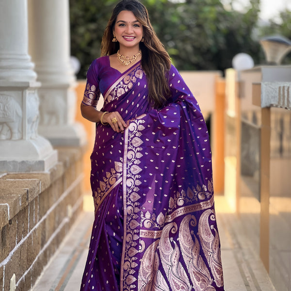 Vedant Vastram Soft Litchi Silk Banarasi Silk Jacquard Saree - Violet