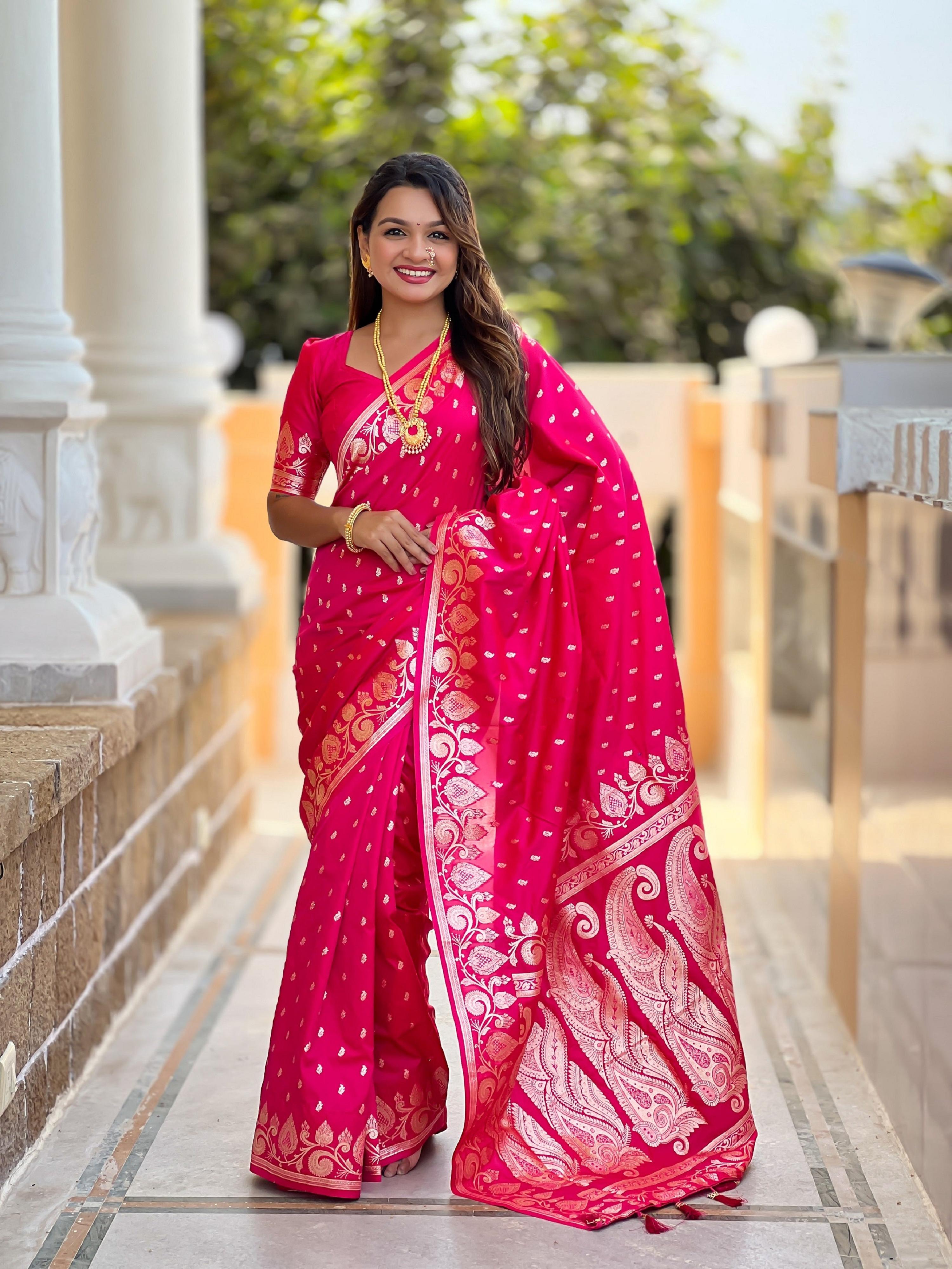 Vedant Vastram Soft Litchi Silk Banarasi Silk Jacquard Saree - Pink - Dista