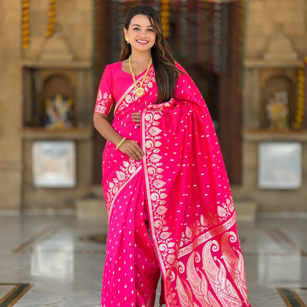 Vedant Vastram Soft Litchi Silk Banarasi Silk Jacquard Saree - Pink - Dista