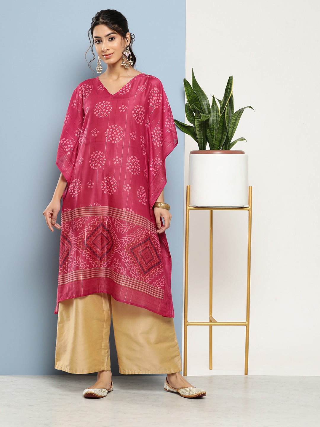 Yufta Bandhani Pink Printed Kaftan Kurta - Distacart