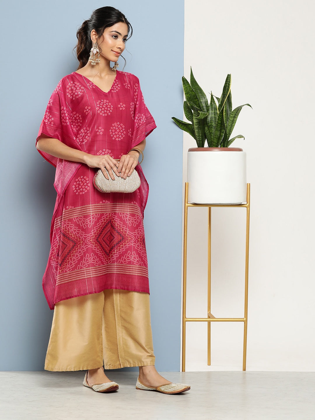 Yufta Bandhani Pink Printed Kaftan Kurta - Distacart