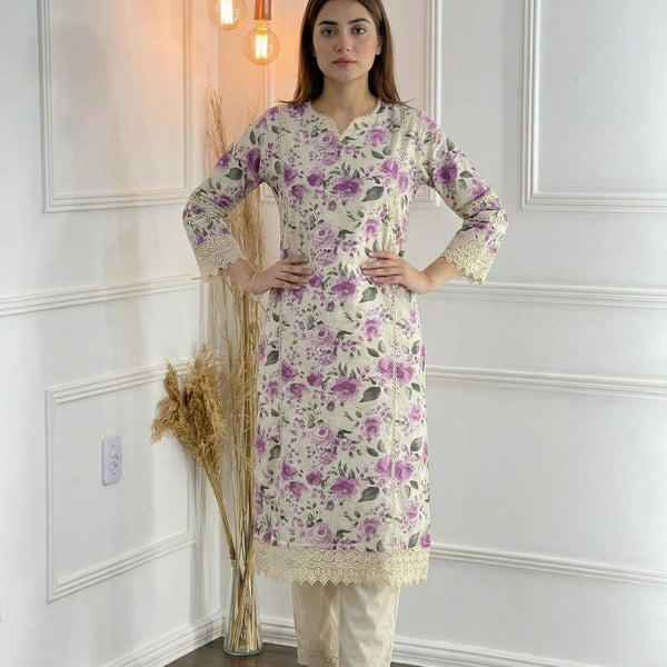 BulBul Hazel Purple Floral Printed Cotton Kurta Set