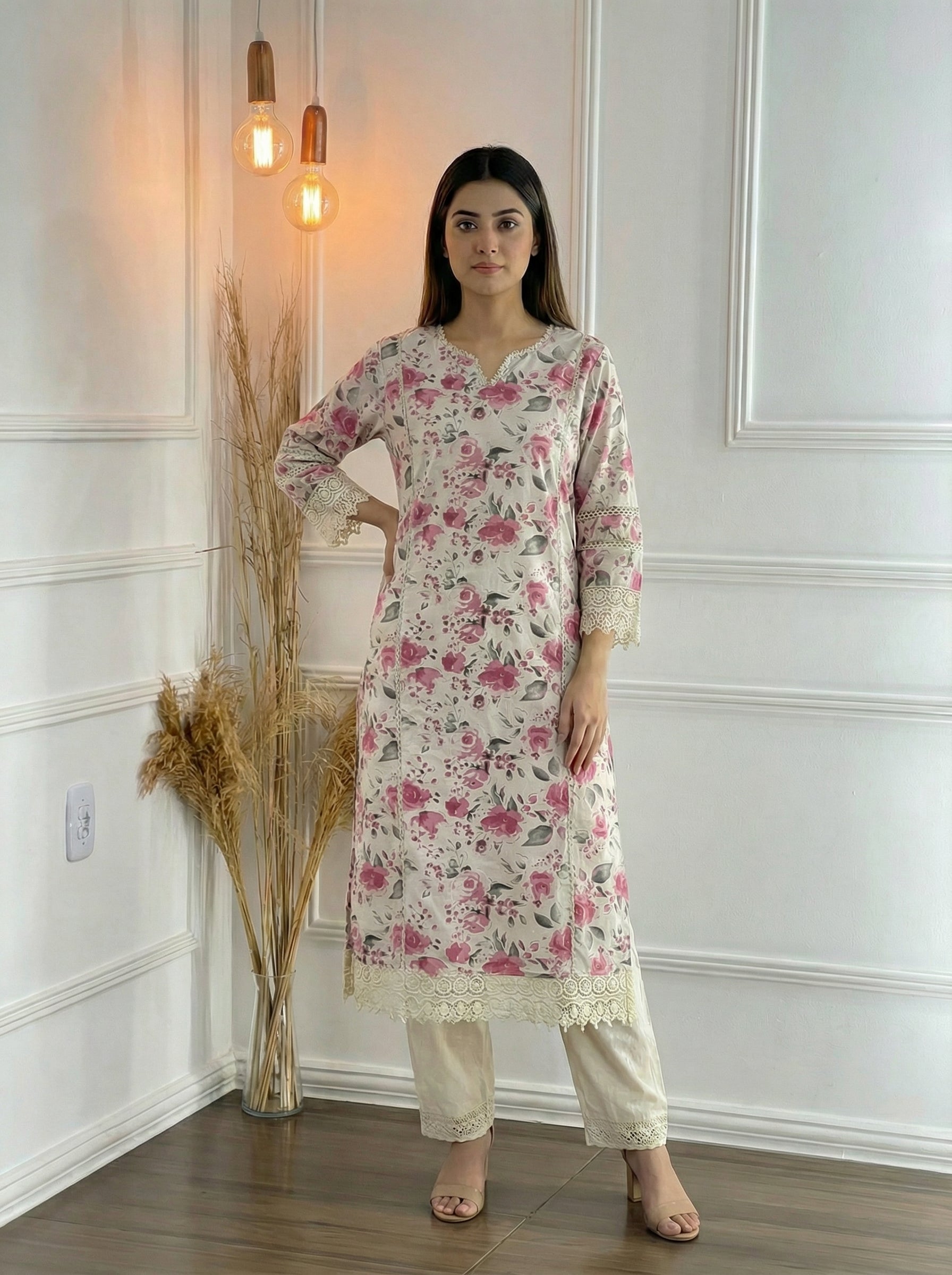 BulBul Hazel Pink Floral Printed Cotton Kurta Set - Distacart