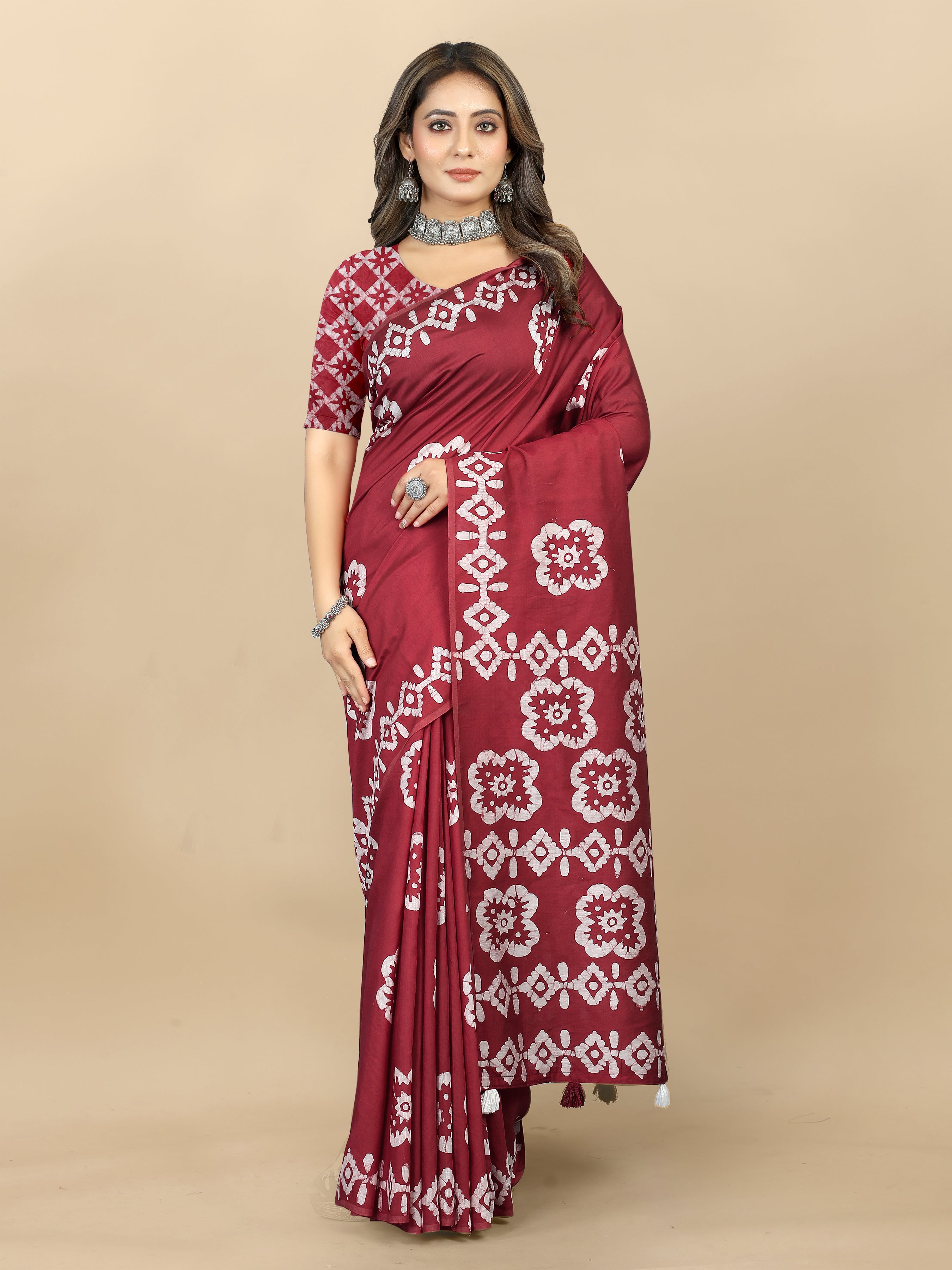Vedant Vastram Designer Digital Print Batik Saree - Maroon - Distacart