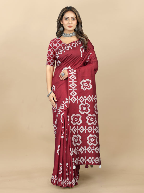 Vedant Vastram Designer Digital Print Batik Saree - Maroon - Distacart