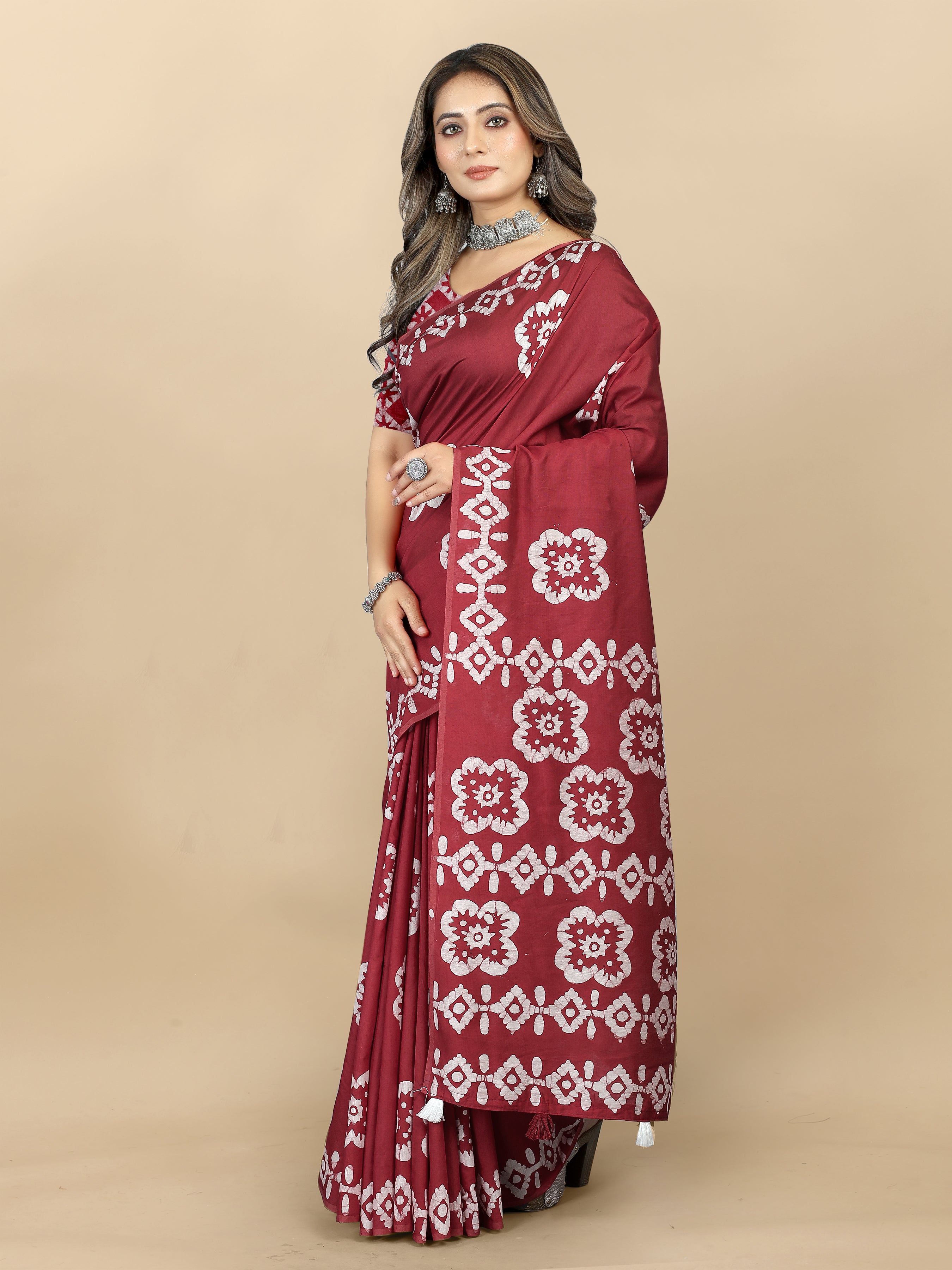 Vedant Vastram Designer Digital Print Batik Saree - Maroon - Distacart