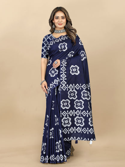 Vedant Vastram Designer Digital Print Batik Saree - Navy Blue - Distacart