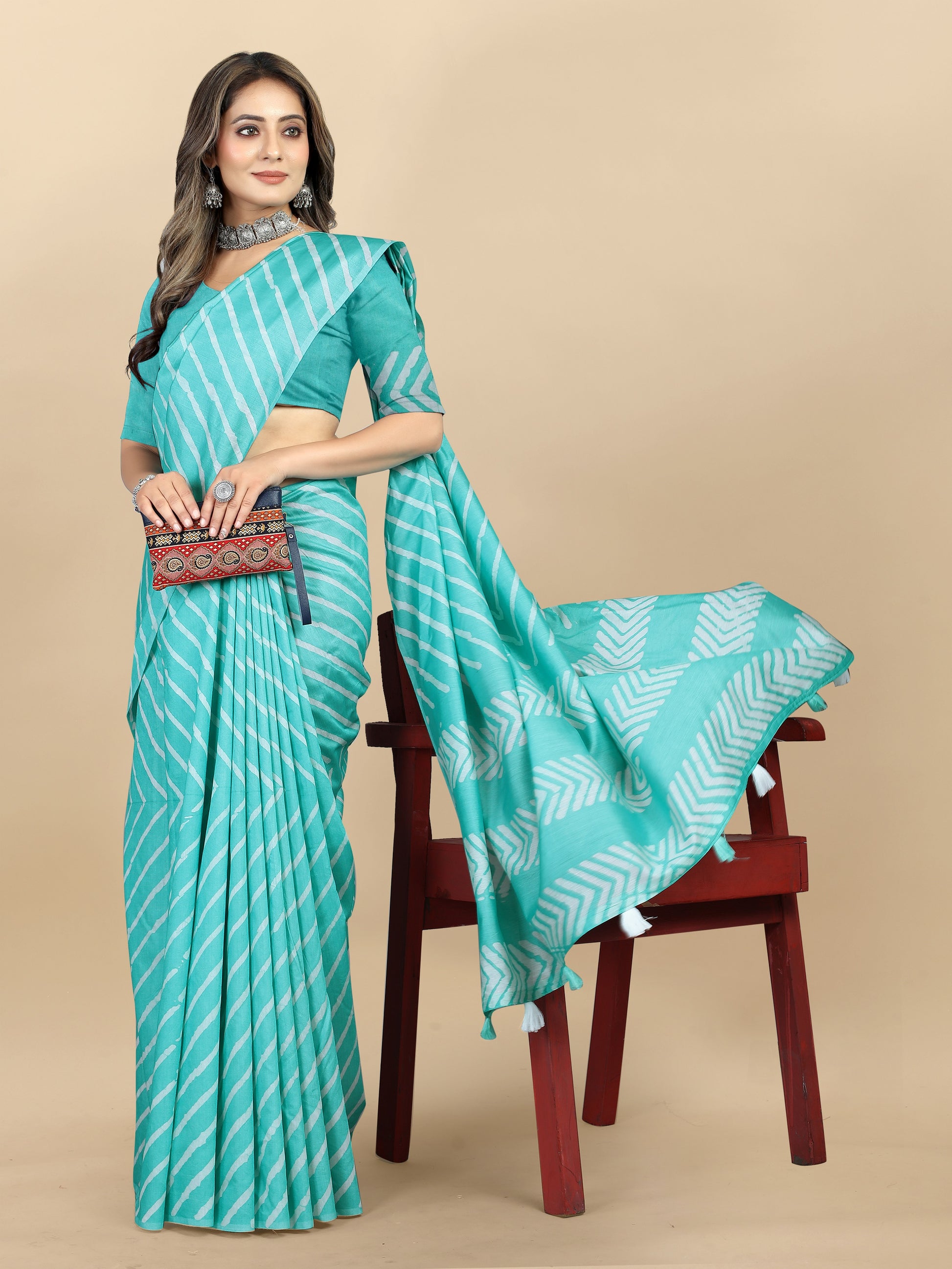 Vedant Vastram Designer Digital Print Batik Saree - Turquoise - Distacart