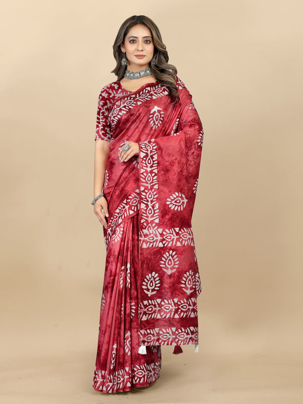 Vedant Vastram Designer Digital Print Batik Saree - Maroon - Distacart
