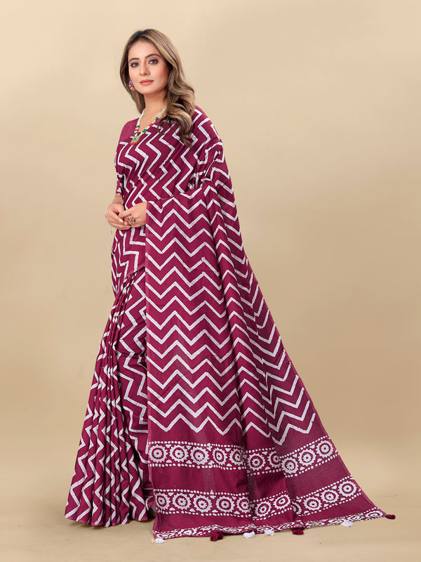 Vedant Vastram Designer Digital Print Batik Saree - Wine - Distacart