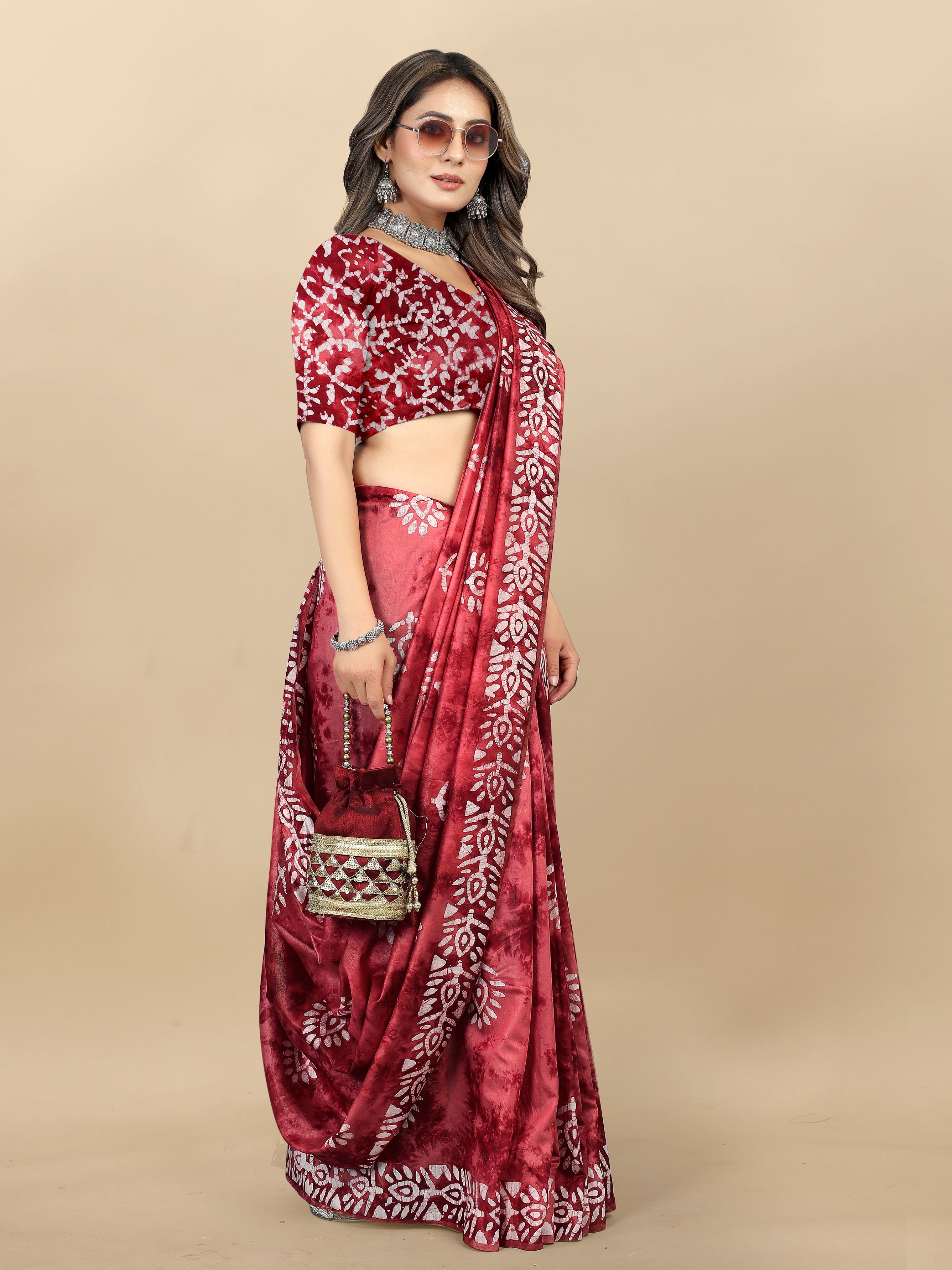 Vedant Vastram Designer Digital Print Batik Saree - Maroon - Distacart