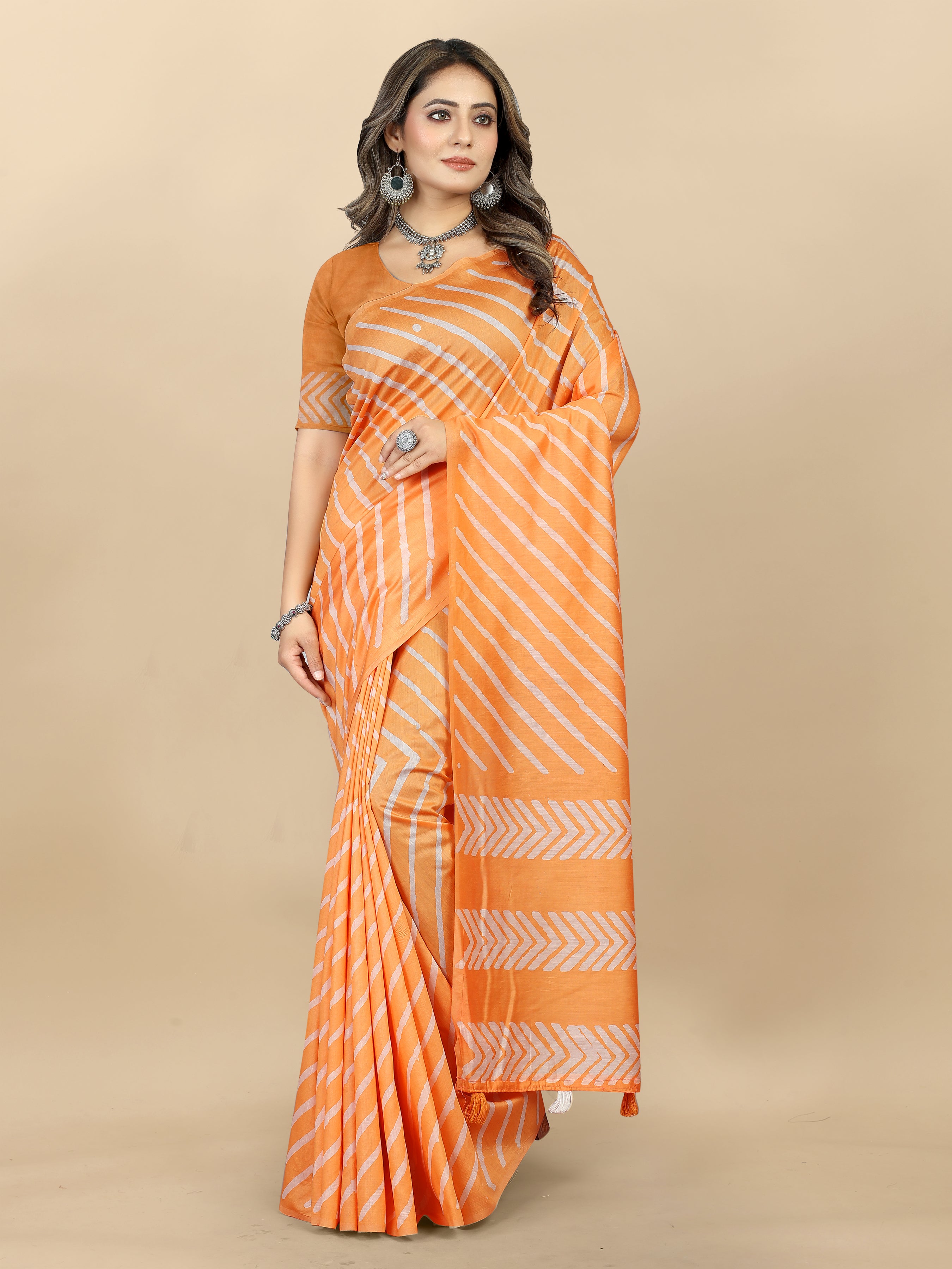 Vedant Vastram Designer Digital Print Batik Saree - Orange - Distacart
