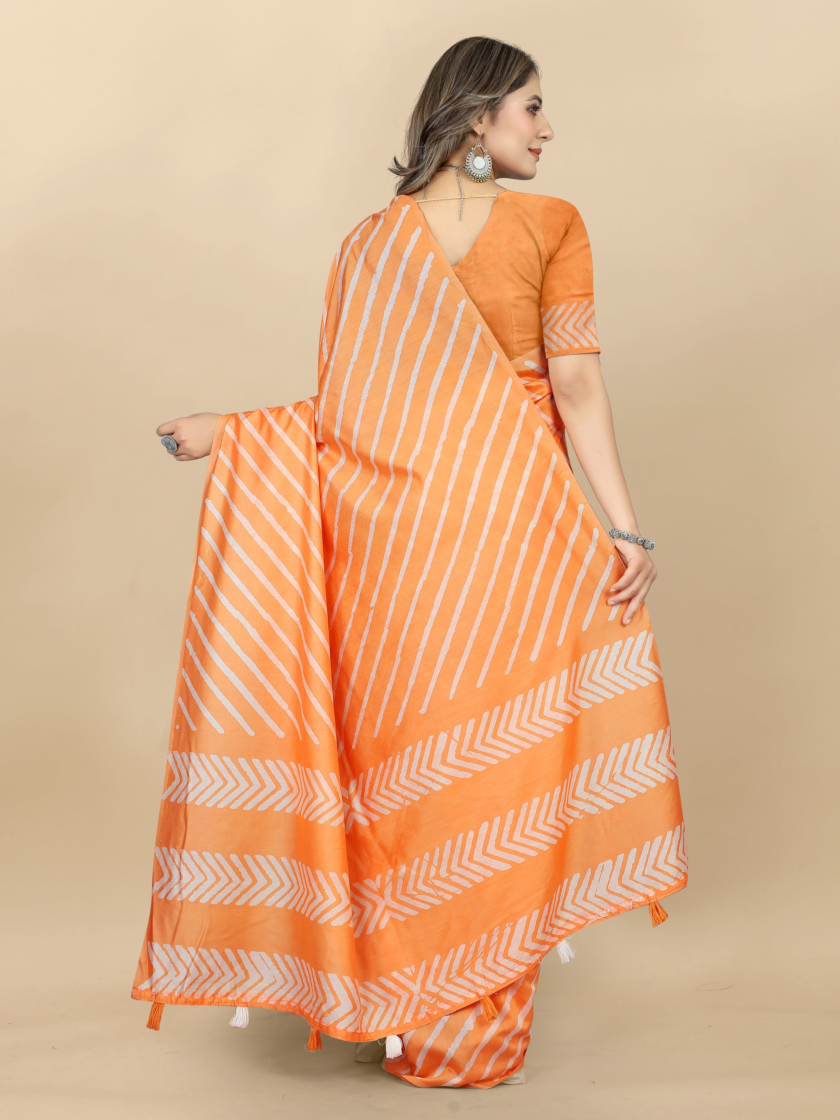 Vedant Vastram Designer Digital Print Batik Saree - Orange - Distacart