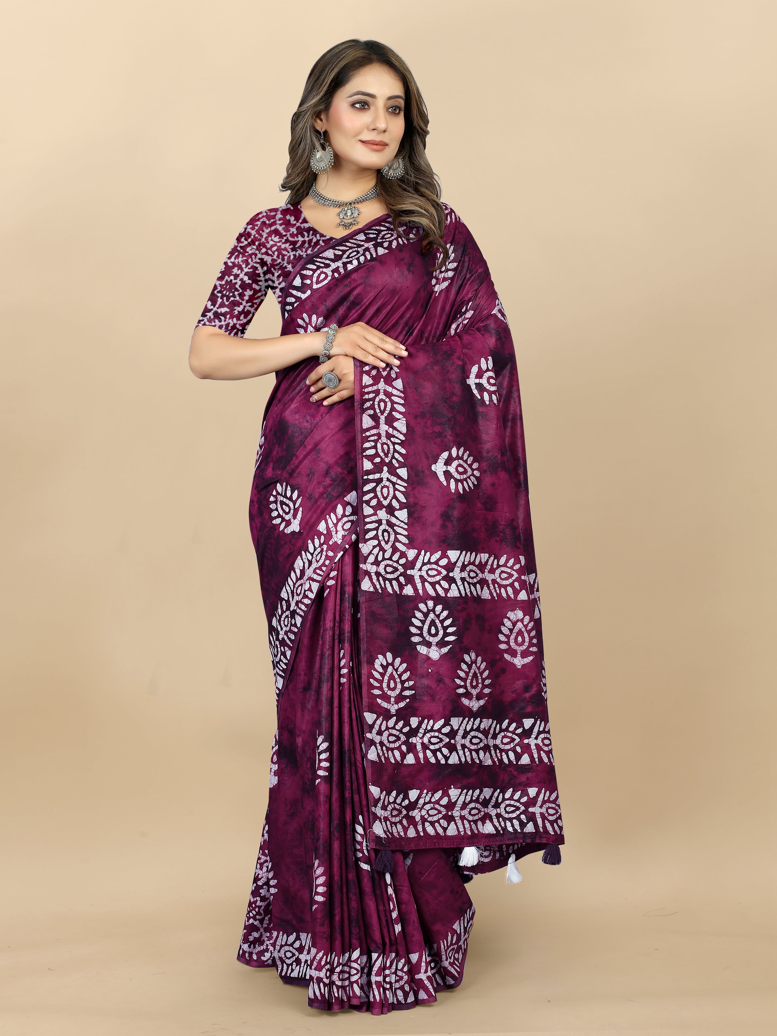 Vedant Vastram Designer Digital Print Batik Saree - Wine - Distacart