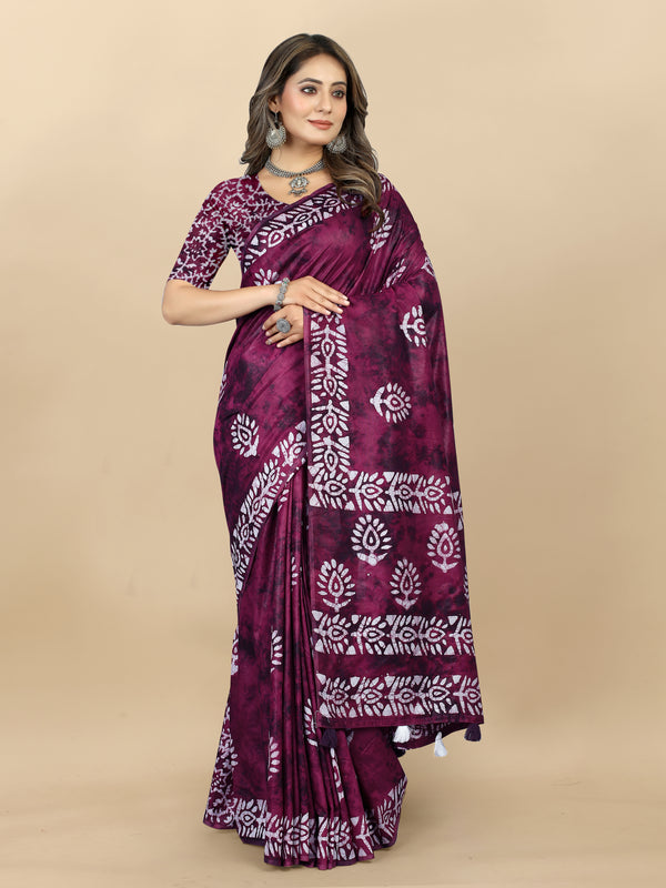 Vedant Vastram Designer Digital Print Batik Saree - Wine - Distacart