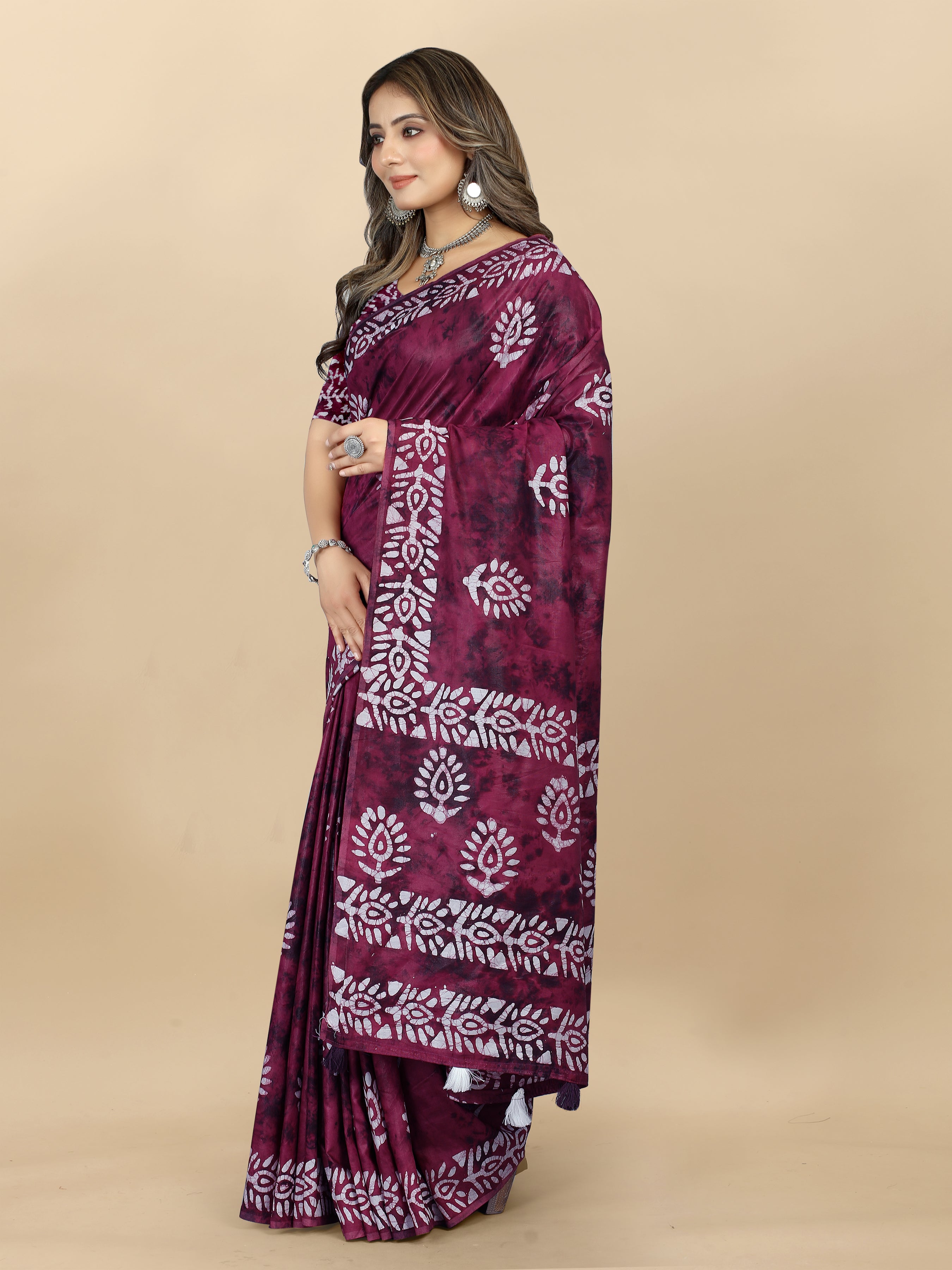 Vedant Vastram Designer Digital Print Batik Saree - Wine - Distacart