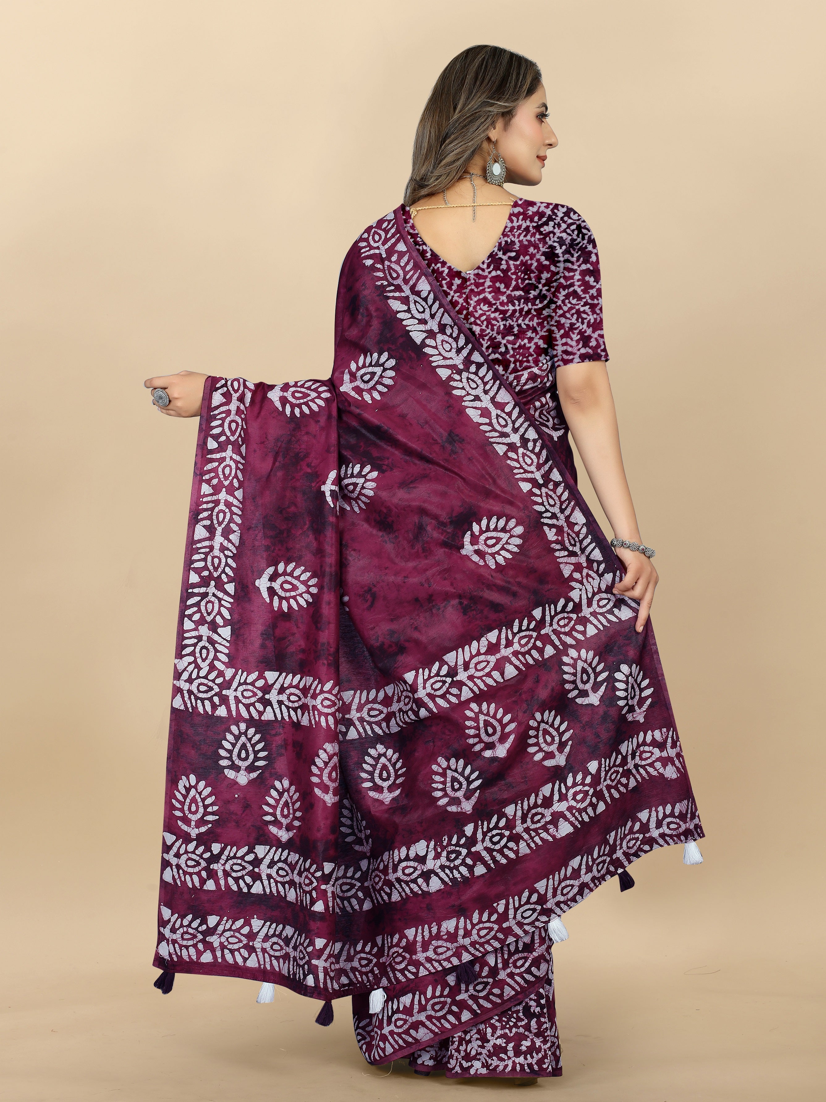 Vedant Vastram Designer Digital Print Batik Saree - Wine - Distacart