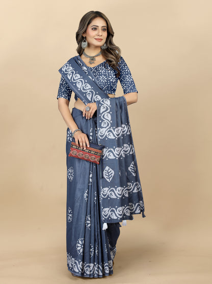Vedant Vastram Designer Digital Print Batik Saree - Grey - Distacart