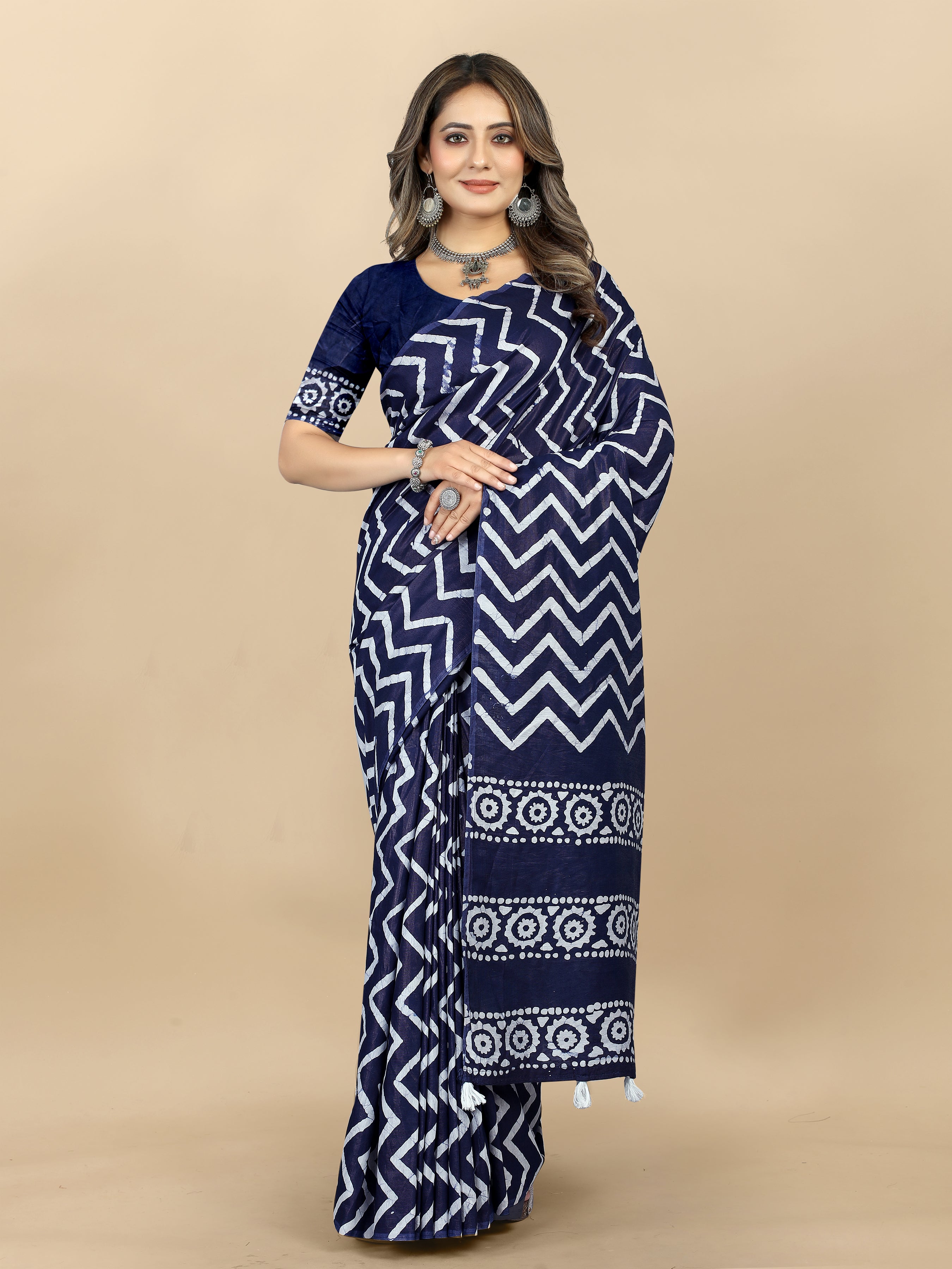 Vedant Vastram Designer Digital Print Batik Saree - Navy Blue - Distacart