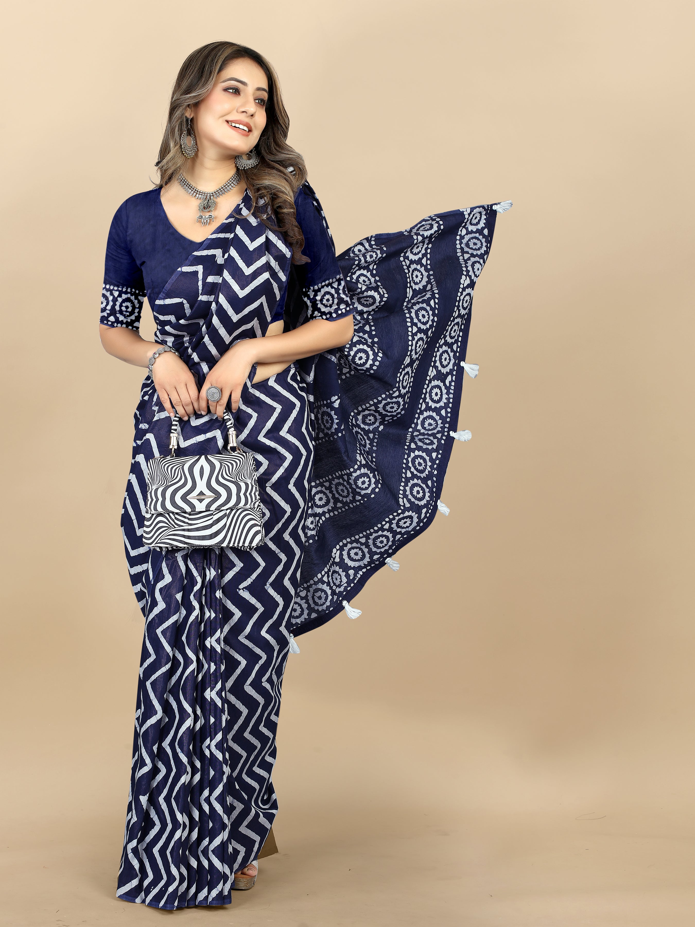 Vedant Vastram Designer Digital Print Batik Saree - Navy Blue - Distacart