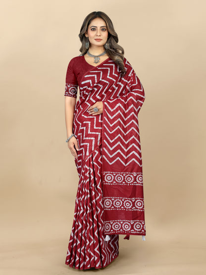 Vedant Vastram Designer Digital Print Batik Saree - Maroon - Distacart