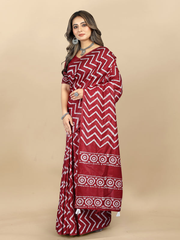 Vedant Vastram Designer Digital Print Batik Saree - Maroon - Distacart