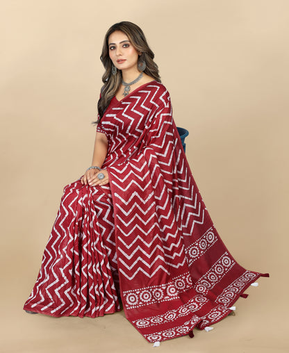 Vedant Vastram Designer Digital Print Batik Saree - Maroon - Distacart