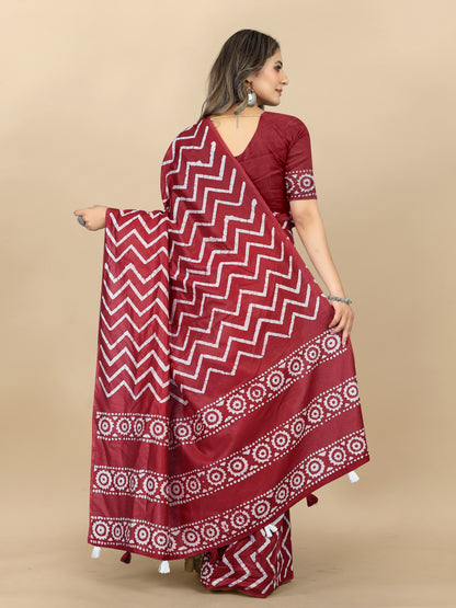 Vedant Vastram Designer Digital Print Batik Saree - Maroon - Distacart
