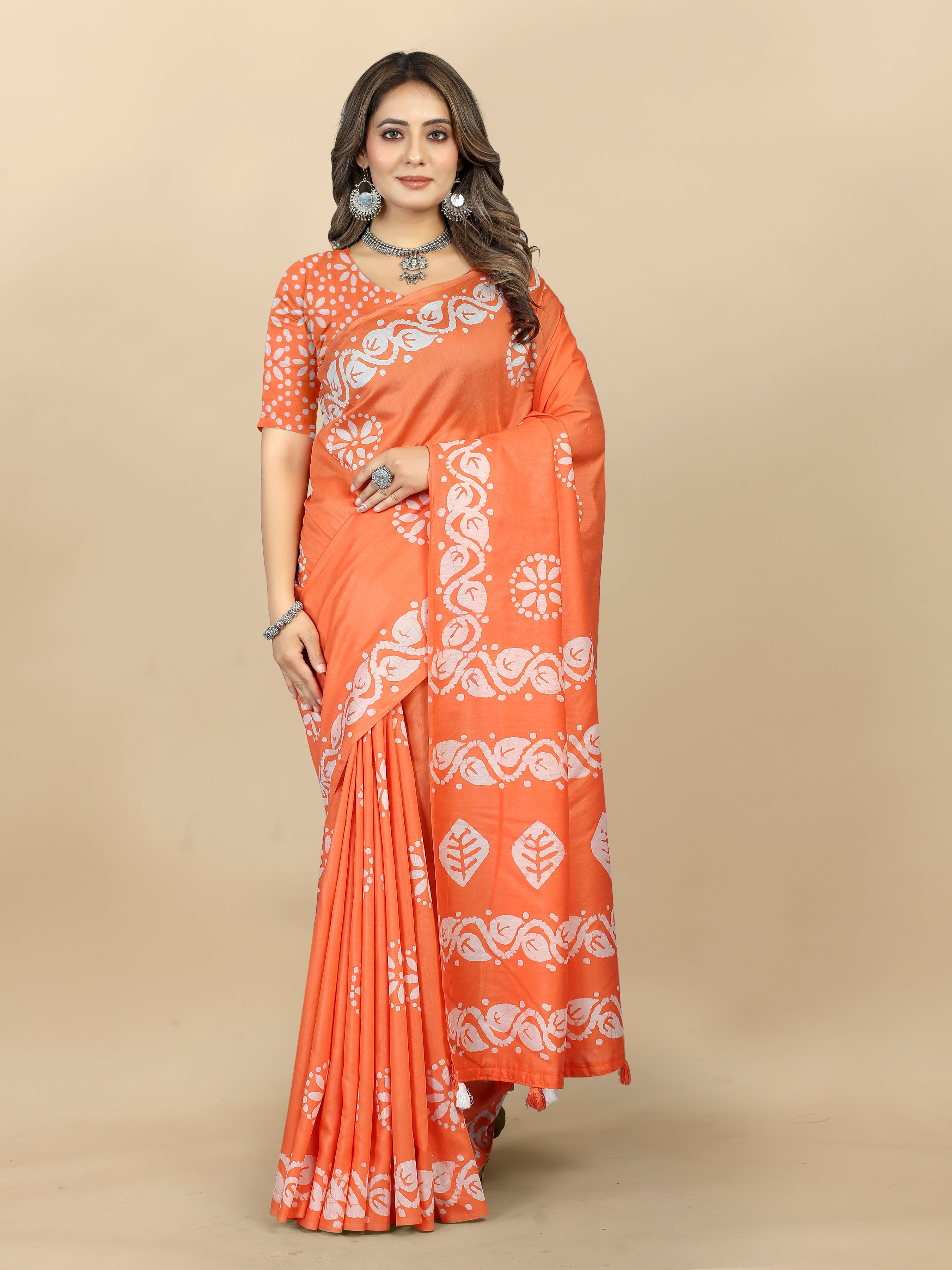 Vedant Vastram Designer Digital Print Batik Saree - Orange - Distacart