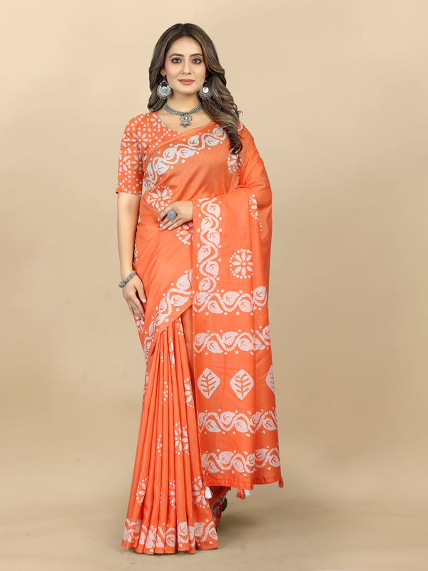 Vedant Vastram Designer Digital Print Batik Saree - Orange - Distacart