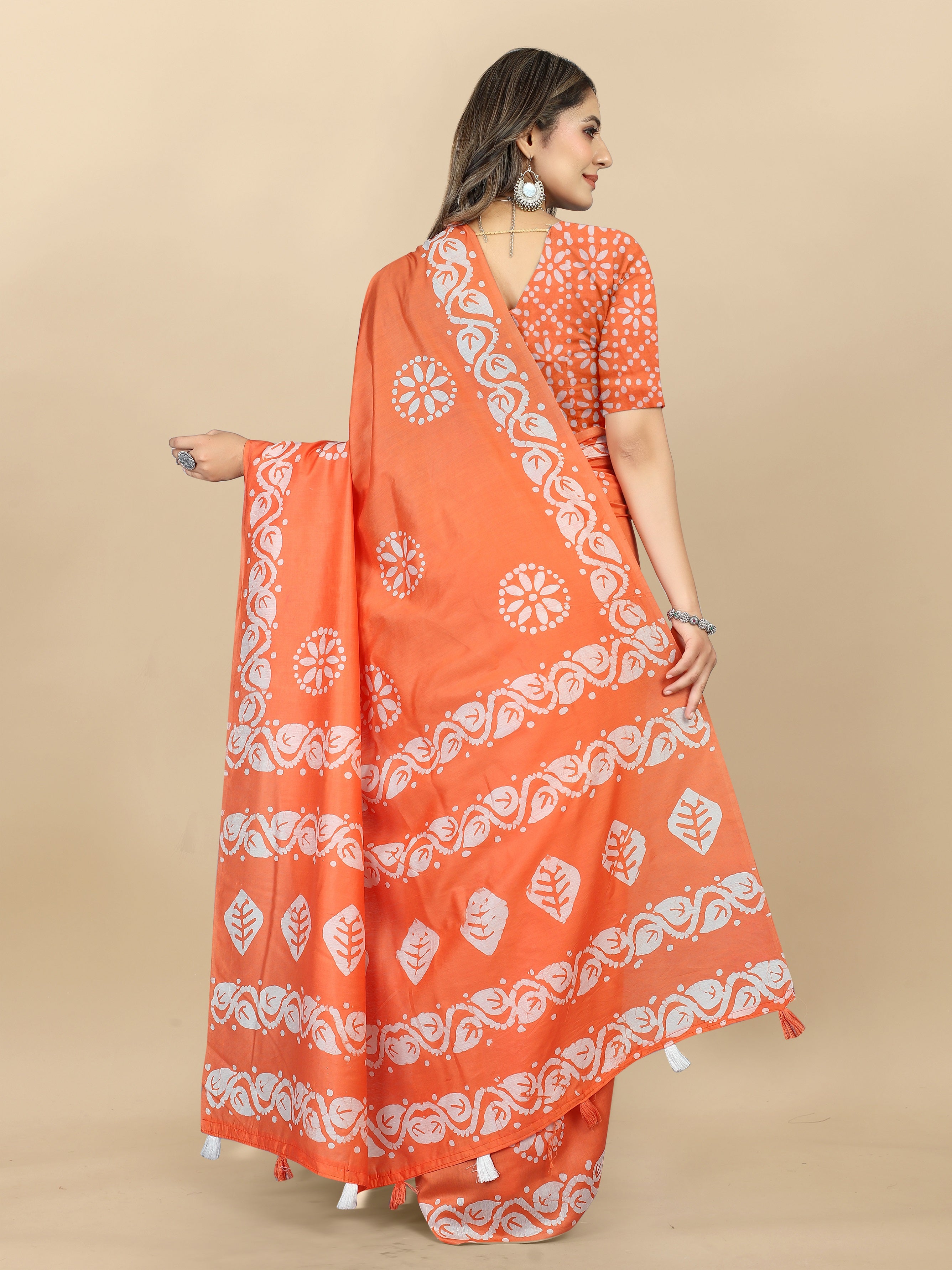Vedant Vastram Designer Digital Print Batik Saree - Orange - Distacart