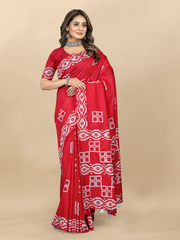 Vedant Vastram Designer Digital Print Batik Saree - Red - Distacart