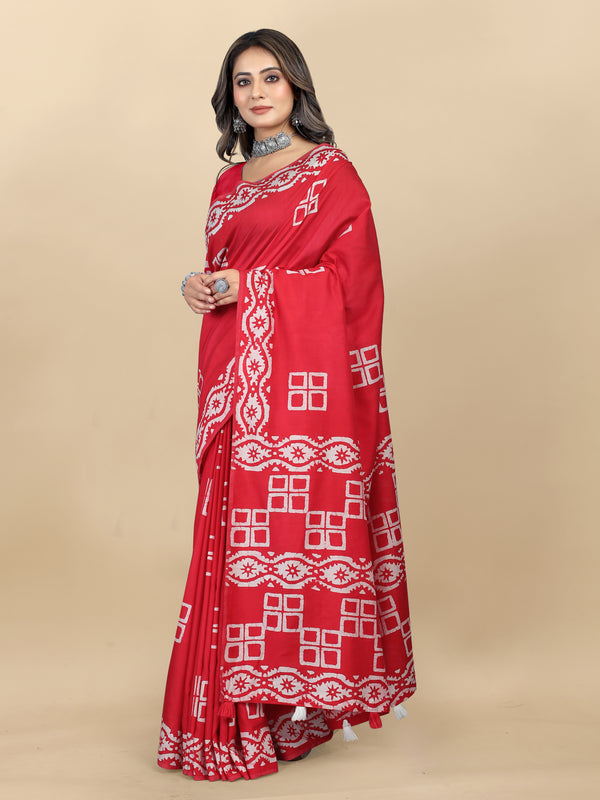 Vedant Vastram Designer Digital Print Batik Saree - Red - Distacart