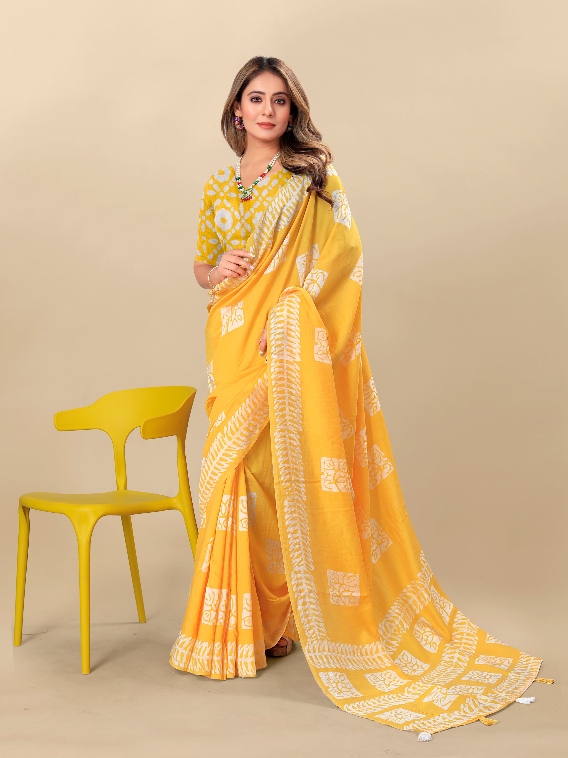 Vedant Vastram Designer Digital Print Batik Saree - Yellow - Distacart