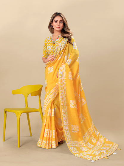 Vedant Vastram Designer Digital Print Batik Saree - Yellow - Distacart