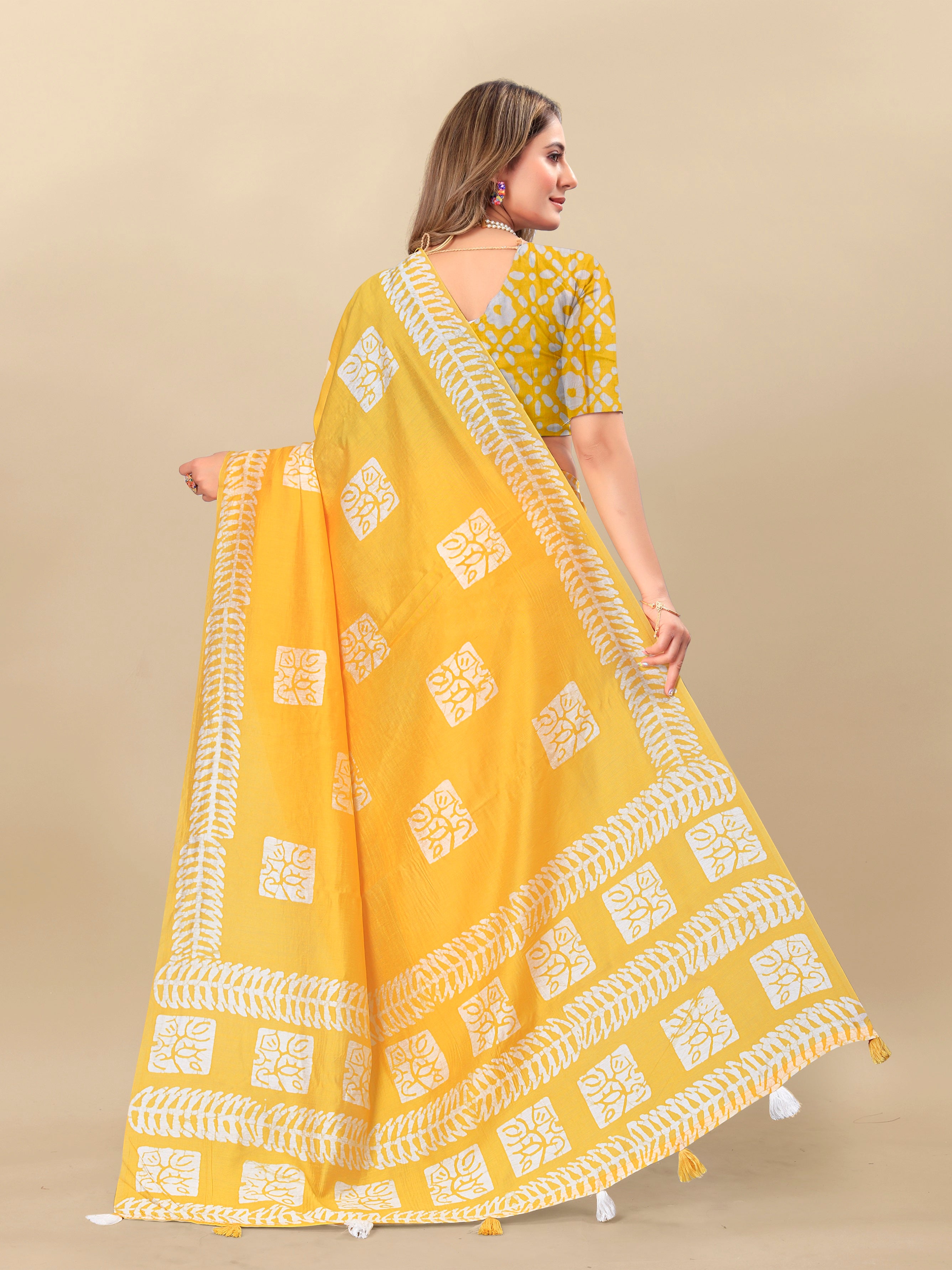 Vedant Vastram Designer Digital Print Batik Saree - Yellow - Distacart
