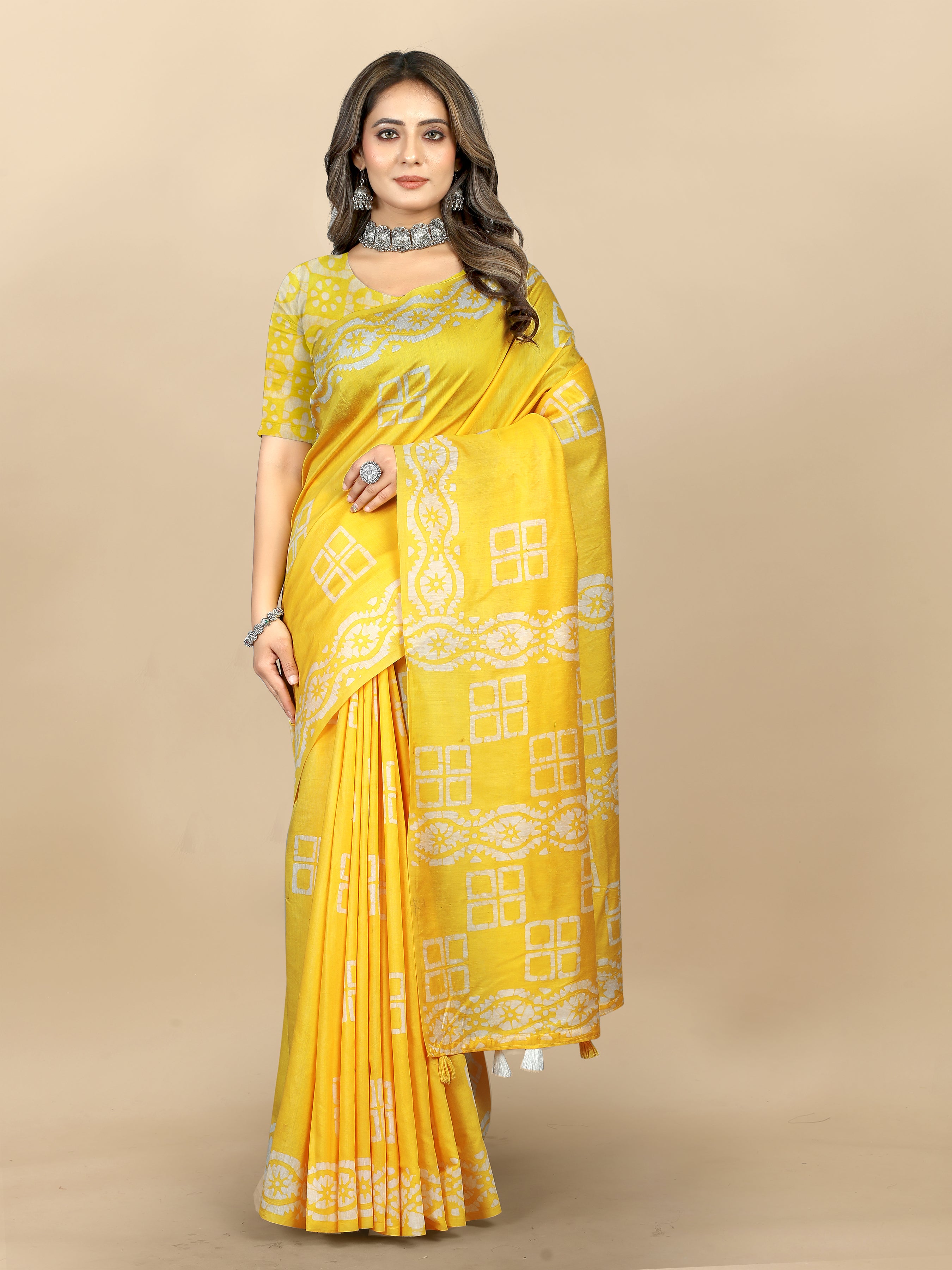 Vedant Vastram Designer Digital Print Batik Saree - Yellow - Distacart
