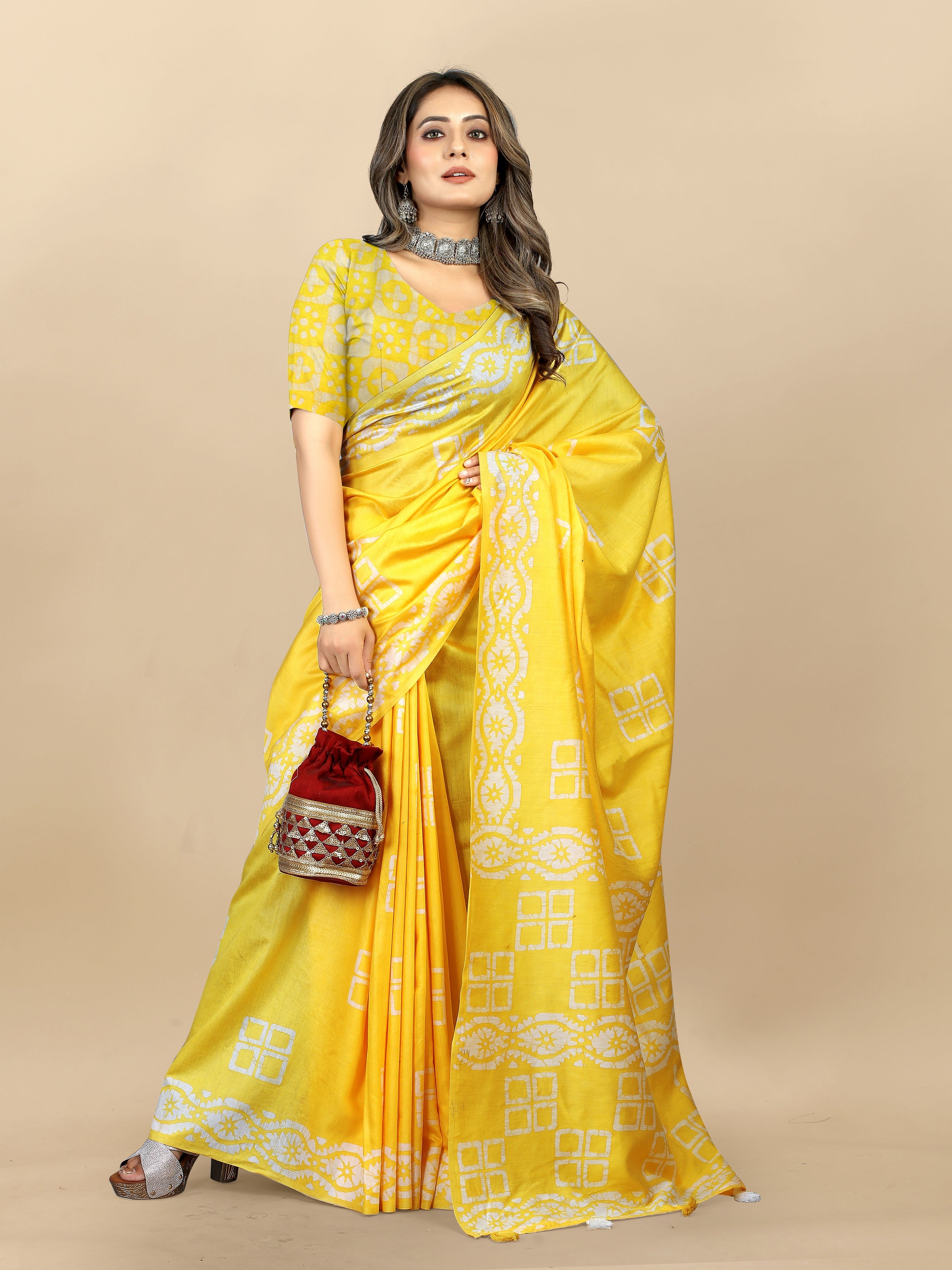 Vedant Vastram Designer Digital Print Batik Saree - Yellow - Distacart