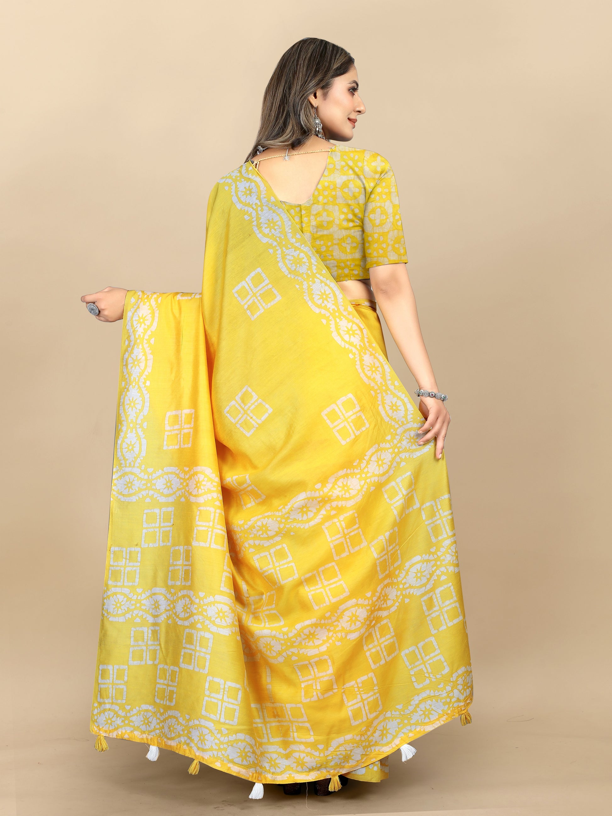 Vedant Vastram Designer Digital Print Batik Saree - Yellow - Distacart
