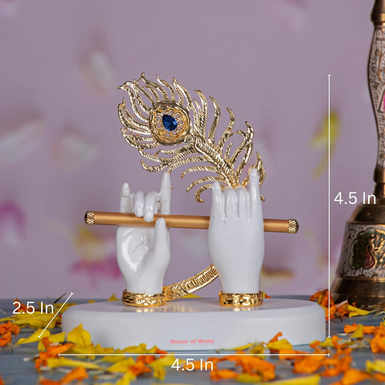 House Of Wemy Gold Plated Melody Krishna Hands Idol with Flute and Peacock Feather - White - Distacart