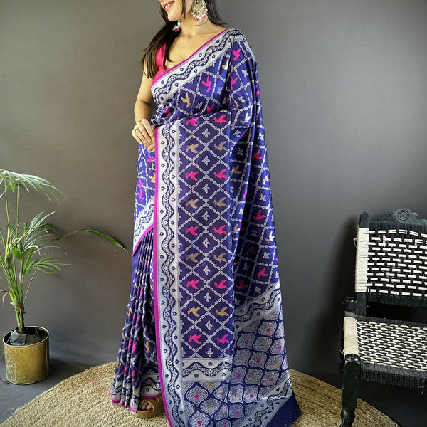 Joban Fashion Blue Jacquard Woven Pattern Lichi Soft Silk Banarasi Saree - Dista