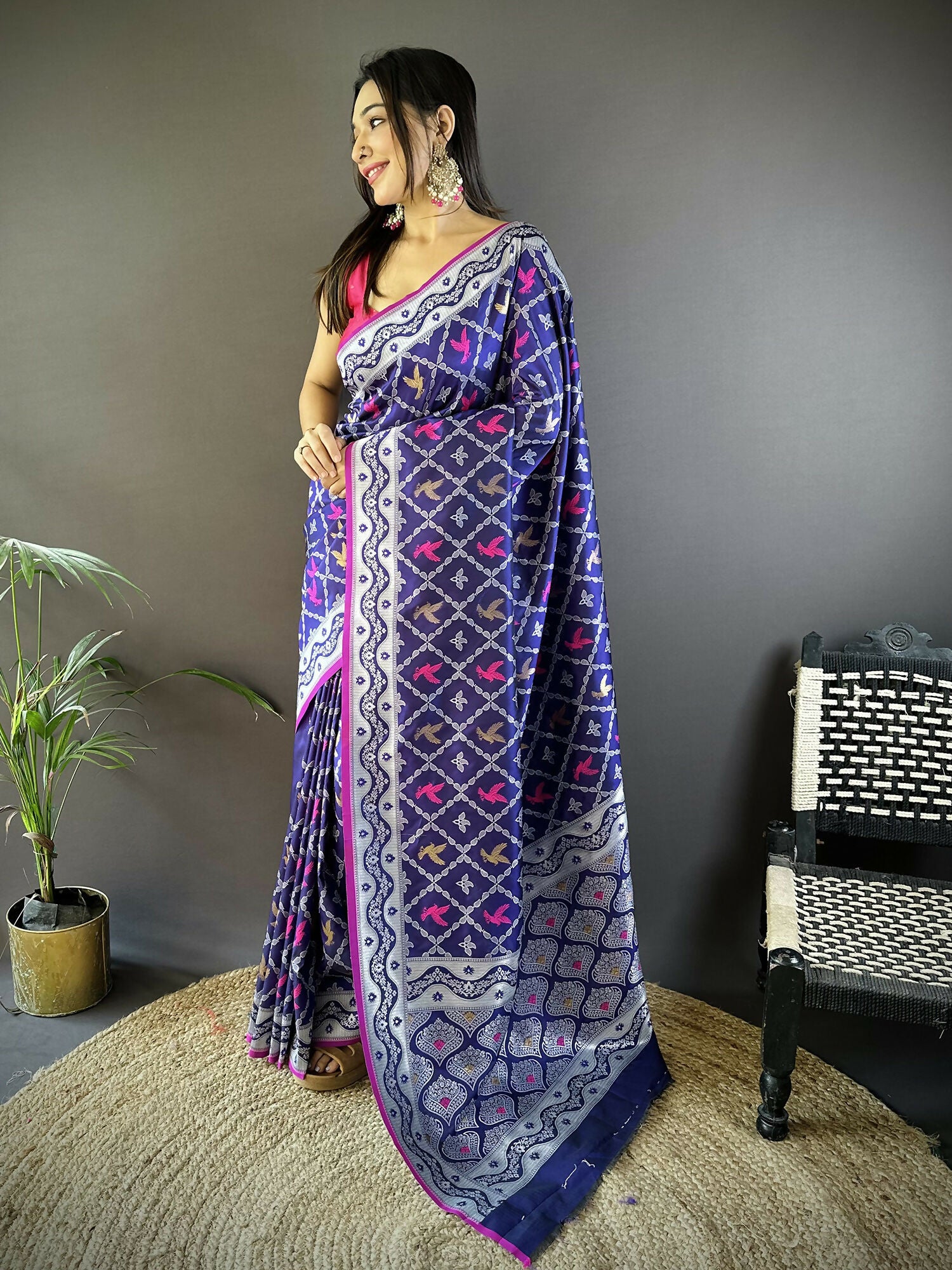 Joban Fashion Blue Jacquard Woven Pattern Lichi Soft Silk Banarasi Saree - Dista